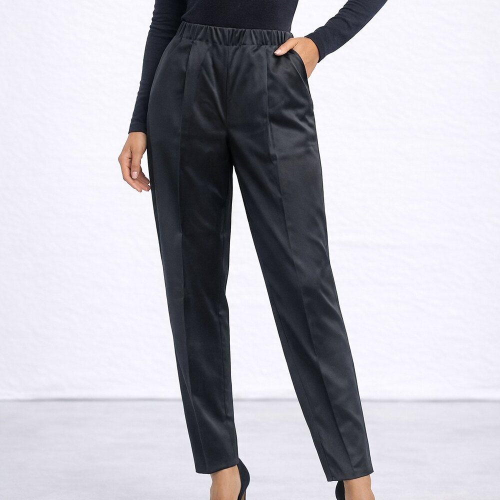 Susan Graver Black Satin Elastic Waist Side Zip Dress Pant Large Formal Cocktail